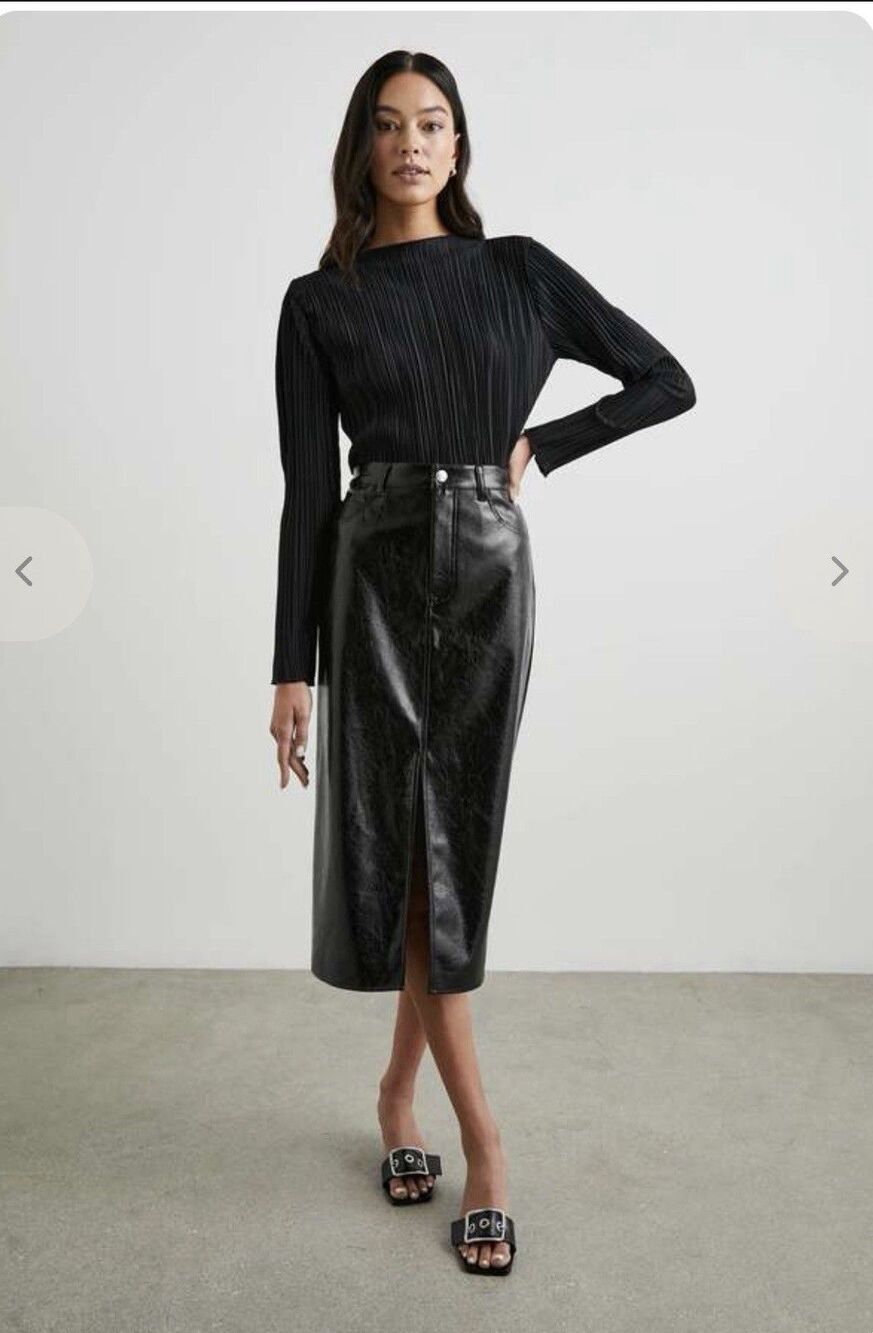 Rails Norma Black Patent Crinkle Faux Leather Midi Skirt NWT Front Slit Size 6